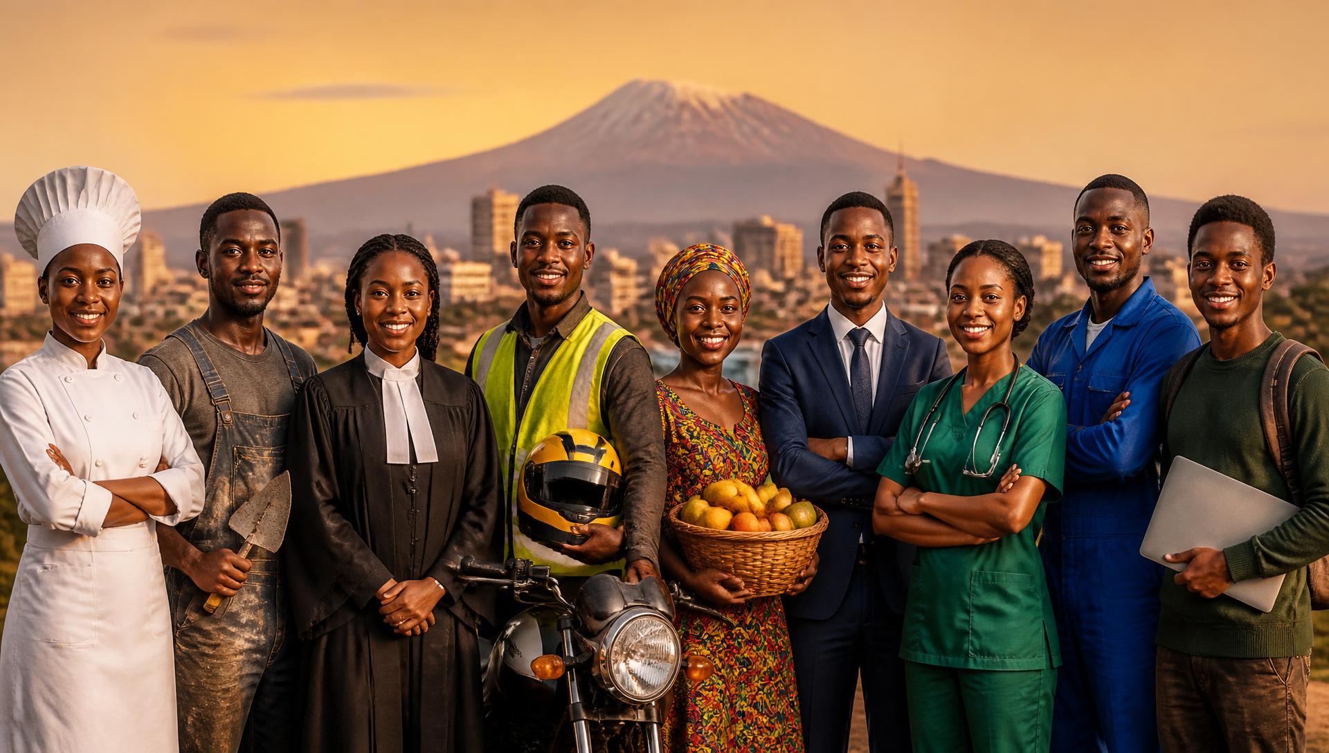Young Kenyan professionals from every walk of life — chef, mason, lawyer, boda-boda rider, vendor, businessman, nurse, mechanic and student — standing together.